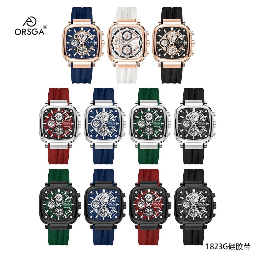 Mens Square Chronograph Watches Waterproof Luminous Quartz Wrist Watch with Silicone Strap