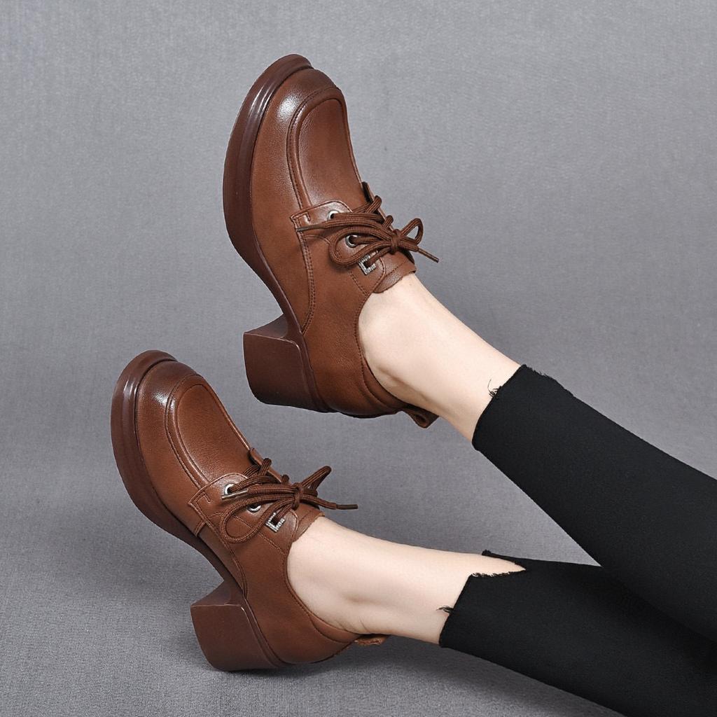Round head thick heel single shoes women's shoes autumn new medium heel small leather shoes first layer cowhide low top shoes
