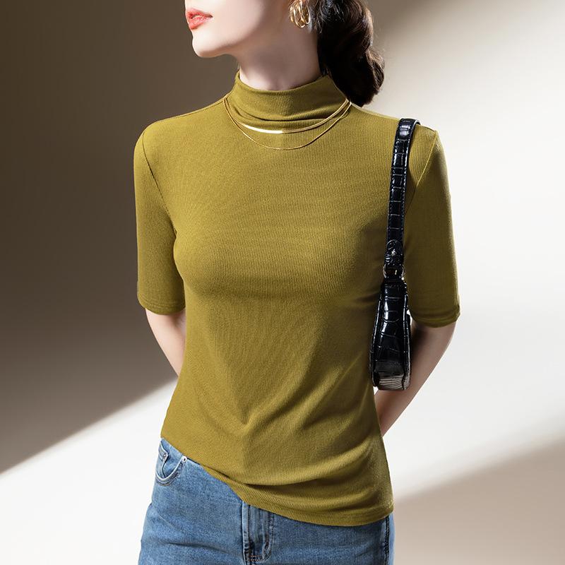 Neues Damen-T-Shirt mit halblangen Ärmeln für Damen Neues Damen-Unterhemd mit halbohem Kragen und taillierter Passform Fünf-Punkt-Ärmel Einfarbiges Oberteil