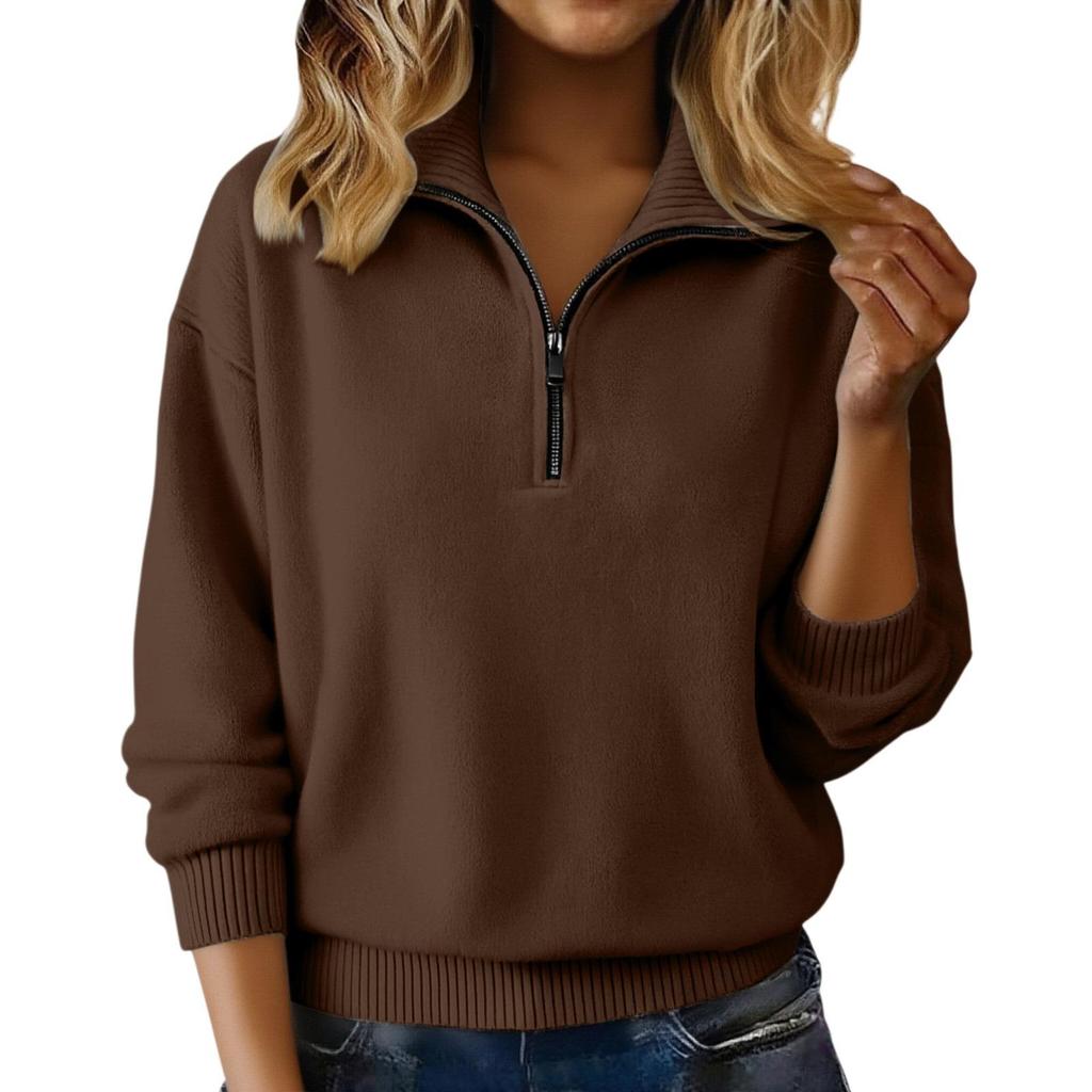 Autumn Winter Multi-Wear Half-Zip Knit Sweater with Zipper Collar for Women