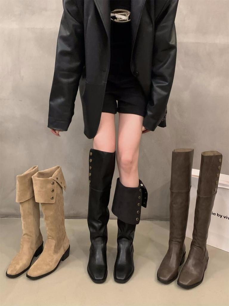 Thick heeled black high boots, over the knee boots, long boots, women's shoes, 2025 new autumn and winter skinny boots, long knight boots