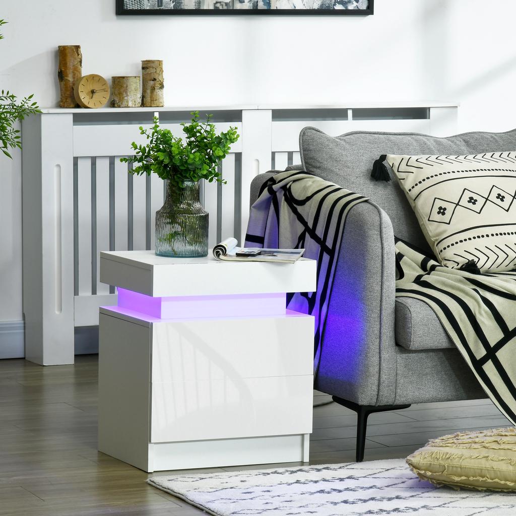 Nachtkastje RGB LED Verlichting Hoogglans Paneel met 2 Lades voor Woonkamer Slaapkamer Wit