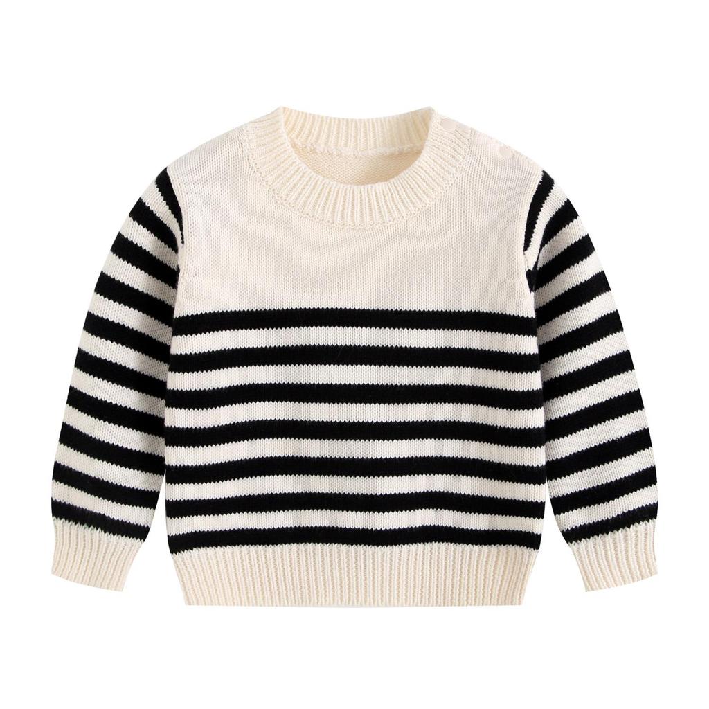 Frühling & Herbst Baby Baumwolle Knopf Strickpullover - Unisex Rundhals Streifen Oberteil