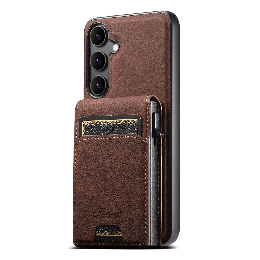 SUTENI H19 For Samsung Galaxy S25+ Magnetic Case Card Holder Kickstand Litchi Texture Leather Back Cover