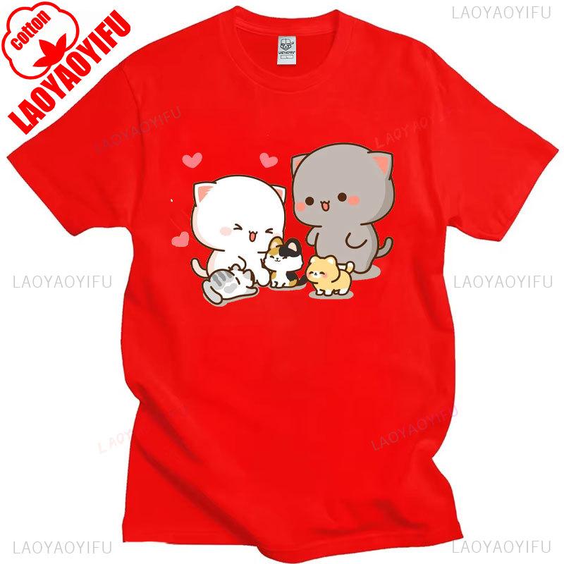 Pfirsich Katze Goma und Mochi Selfie T-Shirt Sommer Baumwolle Kurzarm T-Shirts Niedlicher Druck T-Shirt Mode Harajuku Lustige Partner Tops