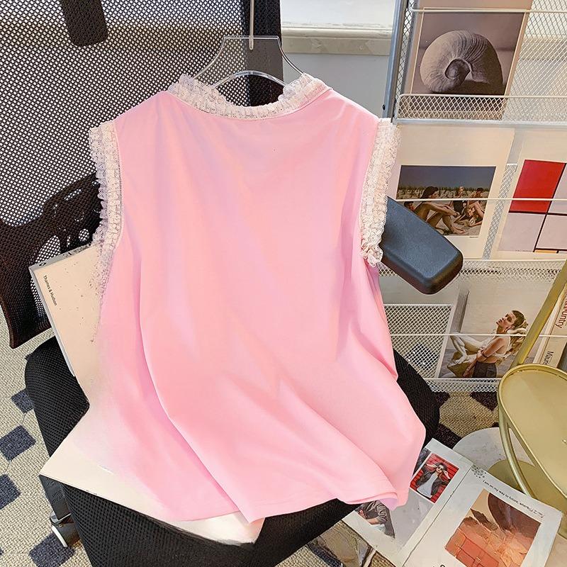 Verão Feminino Nova Era Redução Estilo Preguiçoso Design Sem Mangas Renda Renda Top Fofo