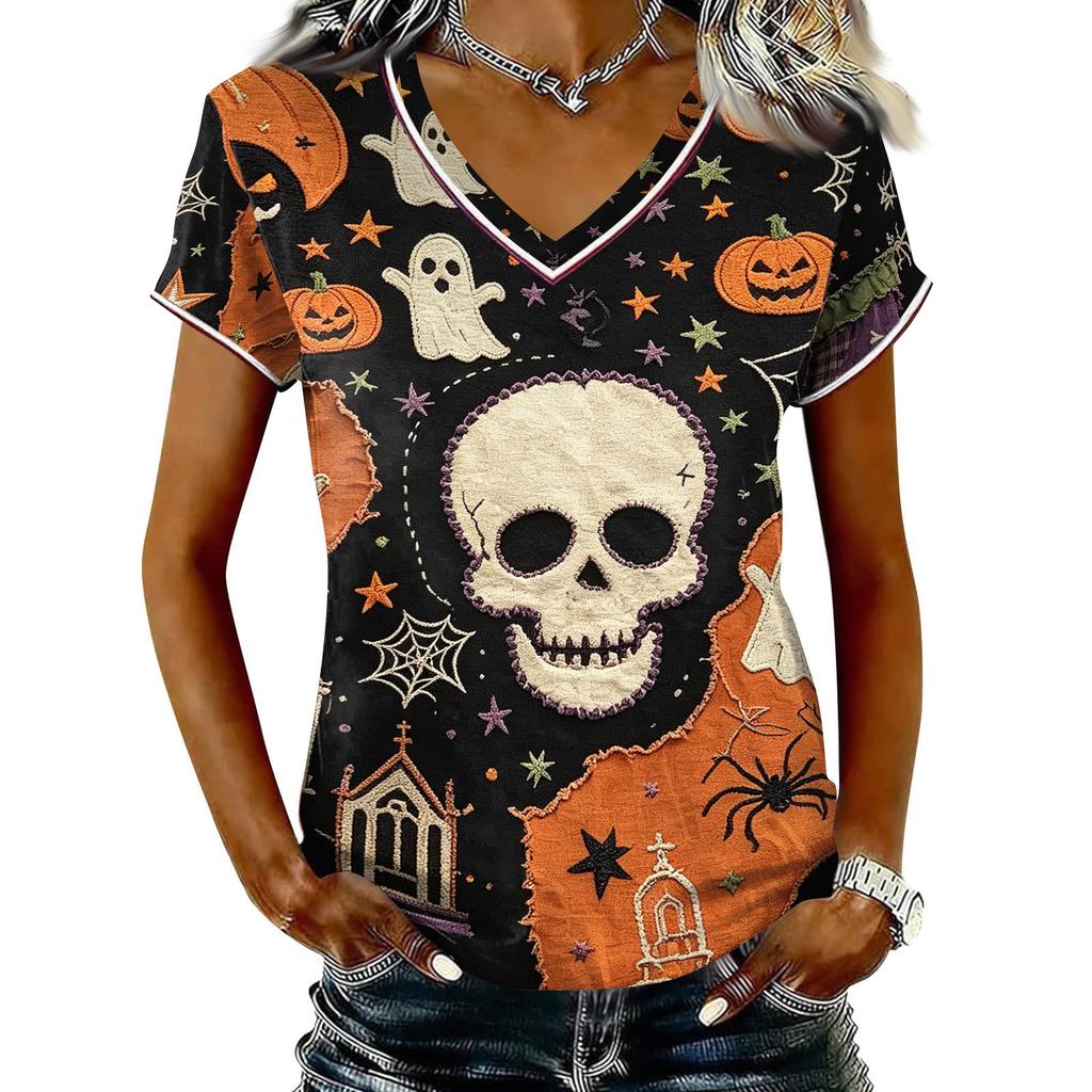 Women's V-Neck Short Sleeve T-Shirt with Halloween Print for Casual Wear