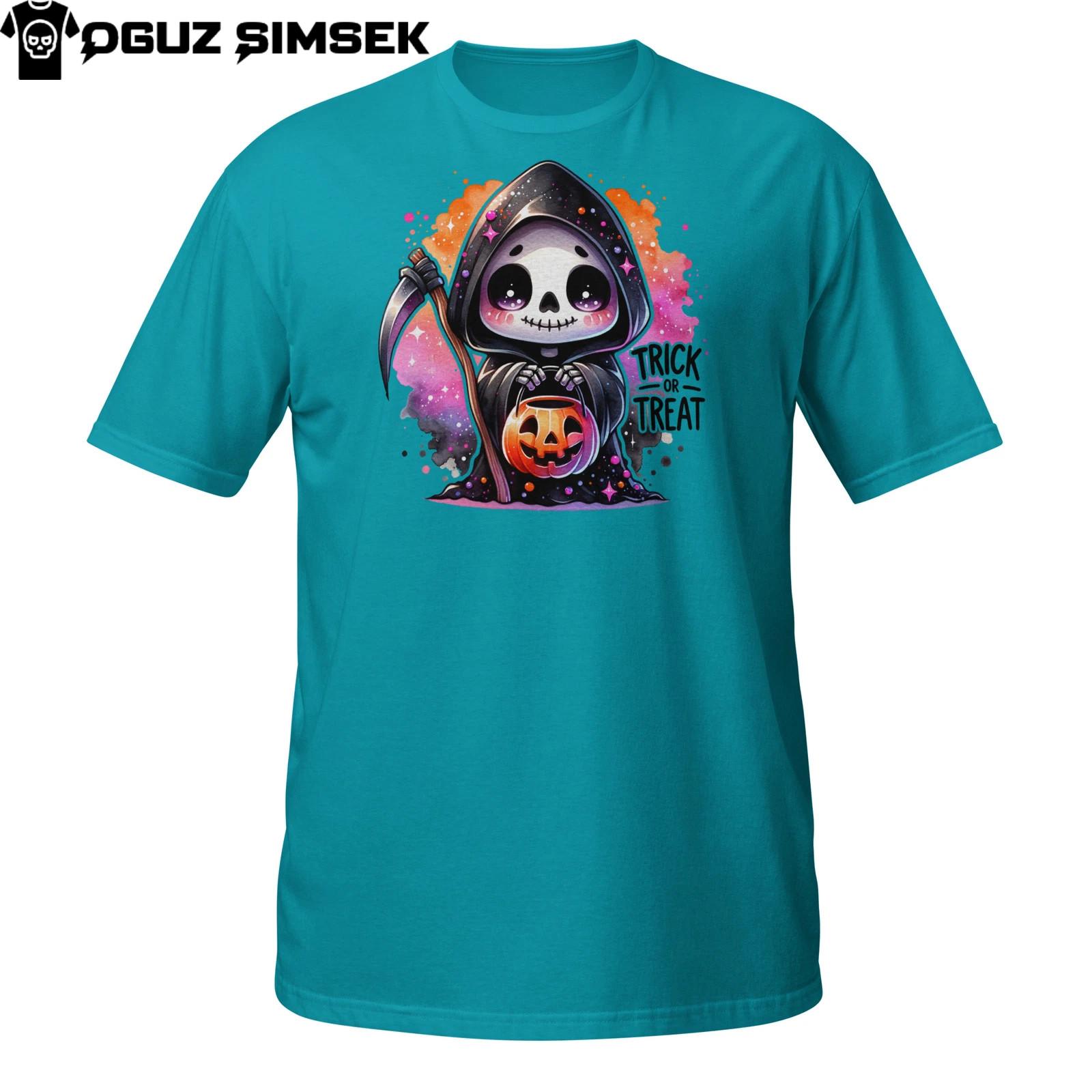 Trick or Treat Grim Reaper T-Shirt Mens Womens Tees Top | Cute Halloween Skeleton Design | Spooky Tee S