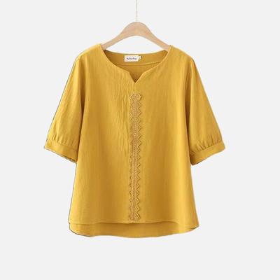 Casual Vintage Solid Color Women's T-shirt  Summer Fashionable Commute Short Sleeve Embroidery Patchwork Tops Female Clothin