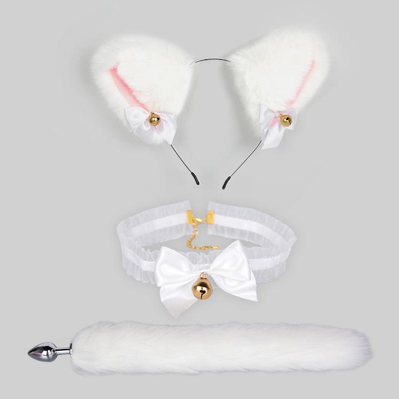 Bondage Katzenanzug mit Schwanz Analplug, Halsband & Knebel