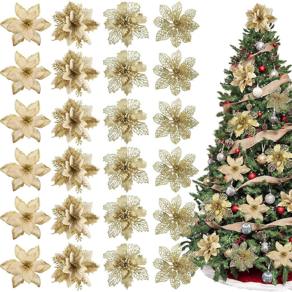 Handmade Christmas Tree Ornaments: Gold Powder Wreath & Flower Set