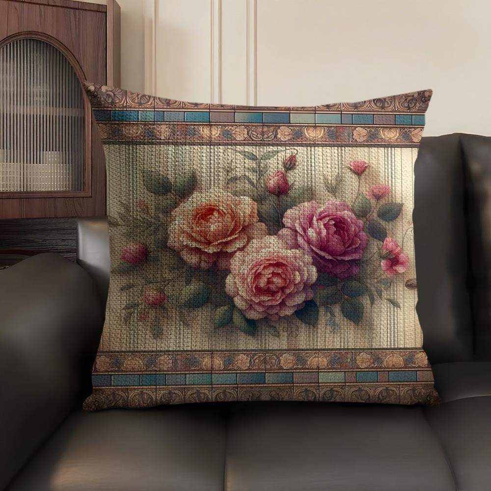 Rose Elegant Cushion Cover Natural Linen Organic Fabric Double-Sided Printing Sofa Home Decor Gift Pillow Case