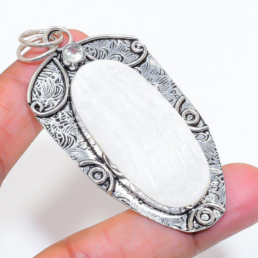 Natural Selenite, Topaz Gemstone 925 Sterling Silver Jewelry Pendant 2.88" ZS-622