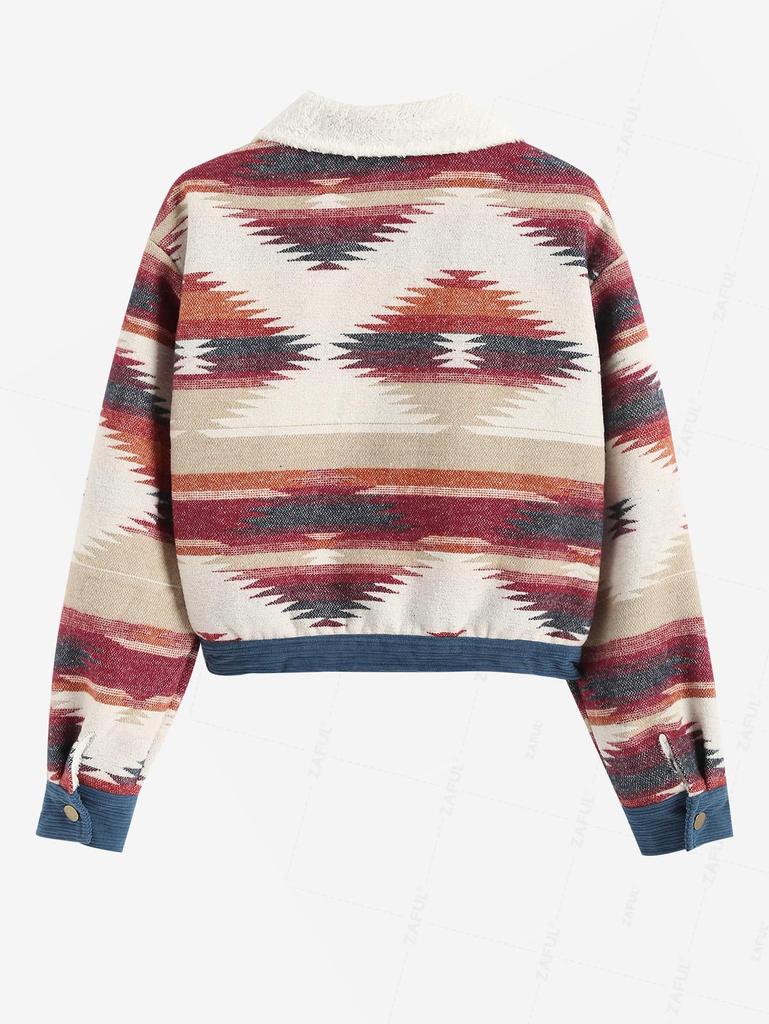 ZAFUL Women's Ethnic Aztec Tribal Geo Printed Corduroy Spliced Thermal Fleece Lined Wool Blend Jacket