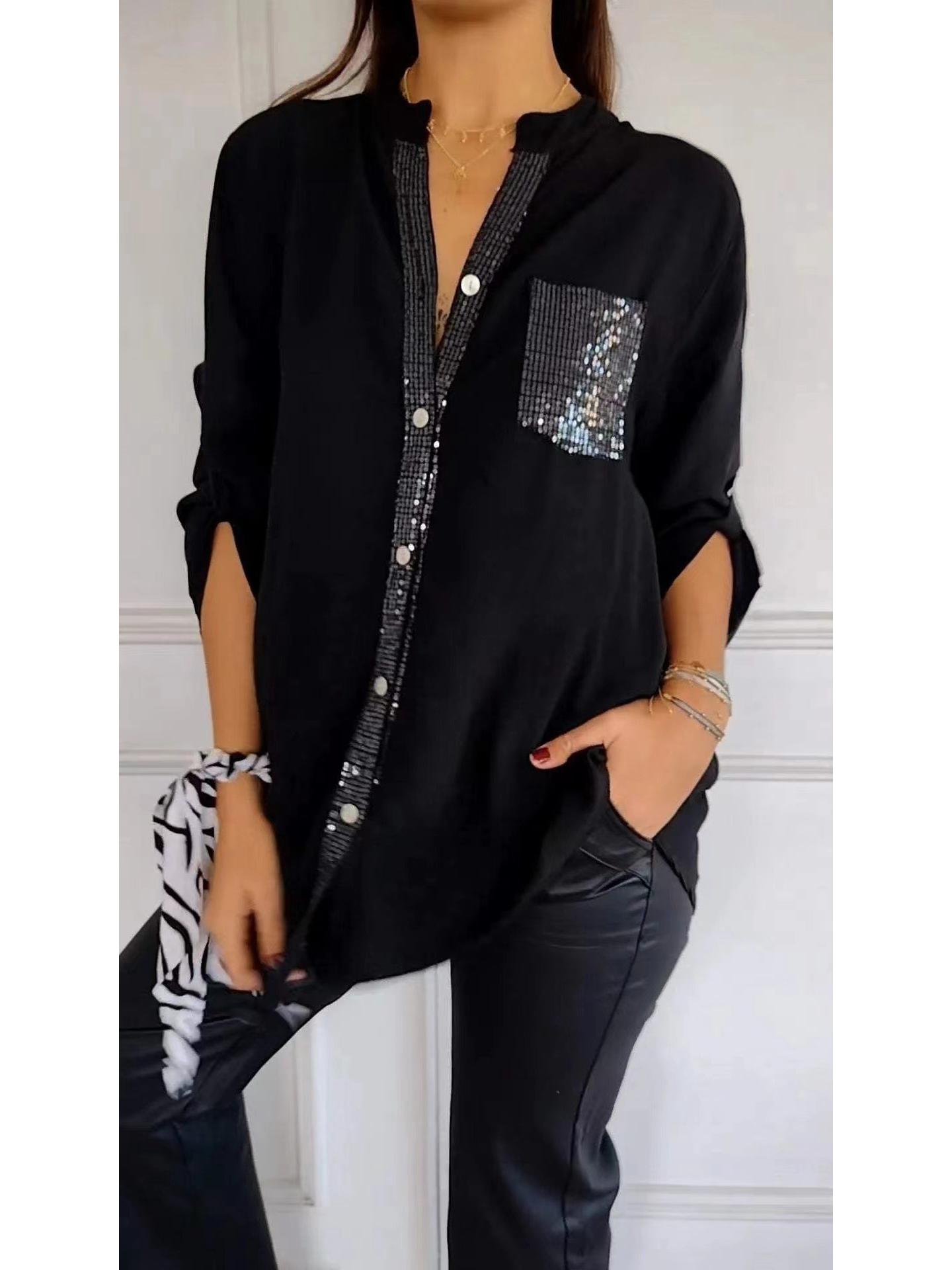 

Свободная повседневная рубашка с рукавами «горячий кирпич» для женщин европейского и американского производства на весну и лето M чёрный