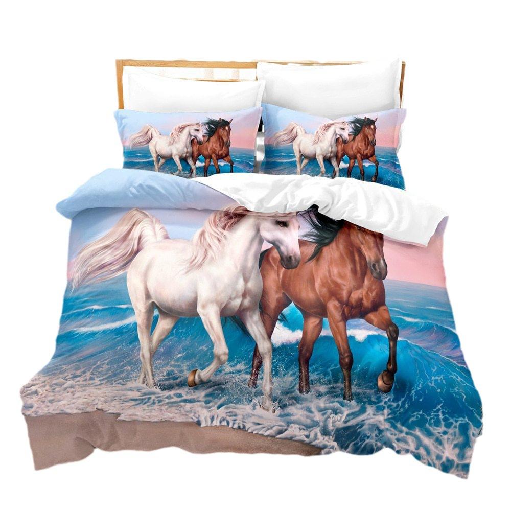 Three-Piece Set Of 3D Digital Animal Horse Print Bedding