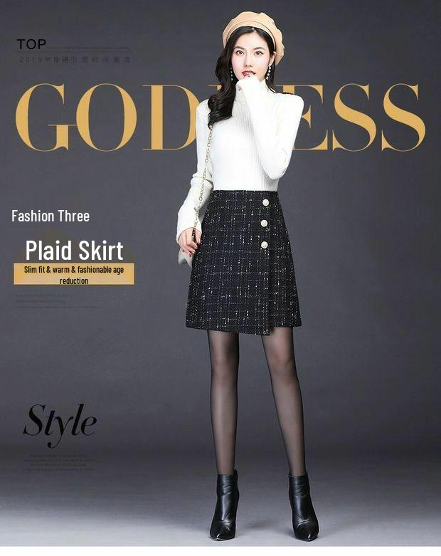 2025 Korejský styl Sukně áčkového střihu z tvídu s vysokým pasem a kostkovaným vzorem pro ženy - Podzimní/zimní krátká zeštíhlující sukně