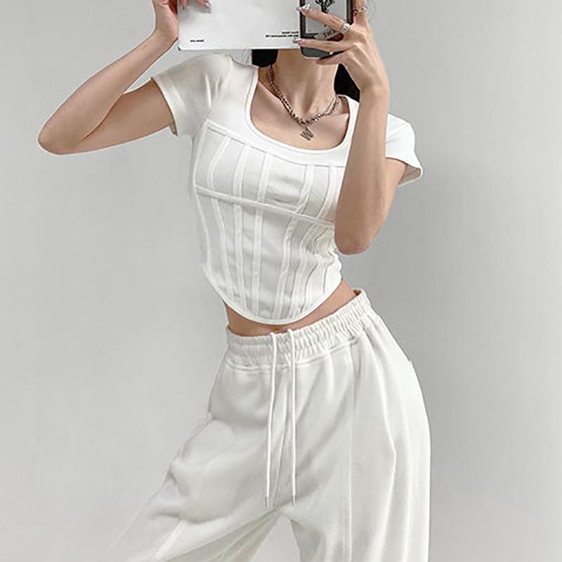 Léto Bright Line Černá Bílá Šedá Tričko Ženy Tenký čtvercový výstřih Krátký rukáv Oříznuté topy Dámské Trička pro volný čas