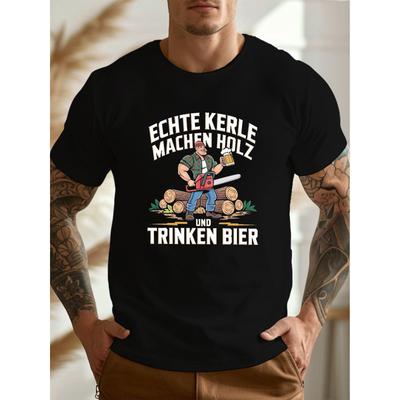 Men's Lumberjack Beer & Woodcutting Graphic T-Shirt - German Beer Saying Design with Chainsaw & Axe Print, Lightweight Breathable Loose-Fit Crew Neck