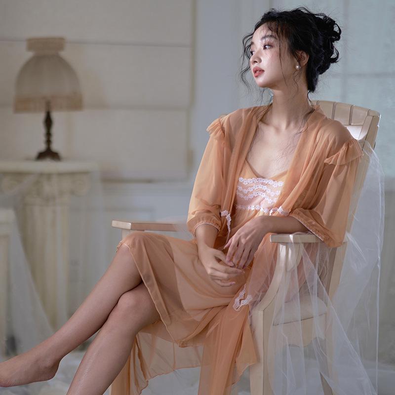 Women s Spring/Summer French Court-Style Lace Pajama Set with Chest Pads One Size