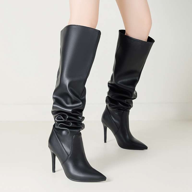 Lenkisen PU Autumn Winter Shoes Pointed Toe Super Stiletto High Heels Equestrian Boots Pleated Keep Warm Fashion Over-the-knee Boots