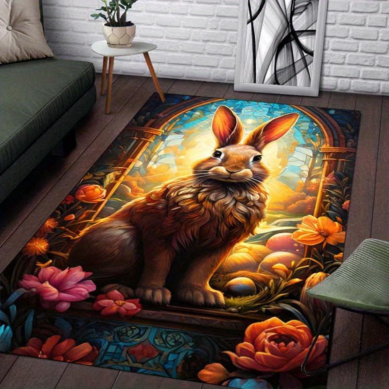 Enchanted Rabbit Floral Rug for Fantasy FansMagical Forest DecorCozy Living RoomArea Rugs Anti slip carpet can be machine washed