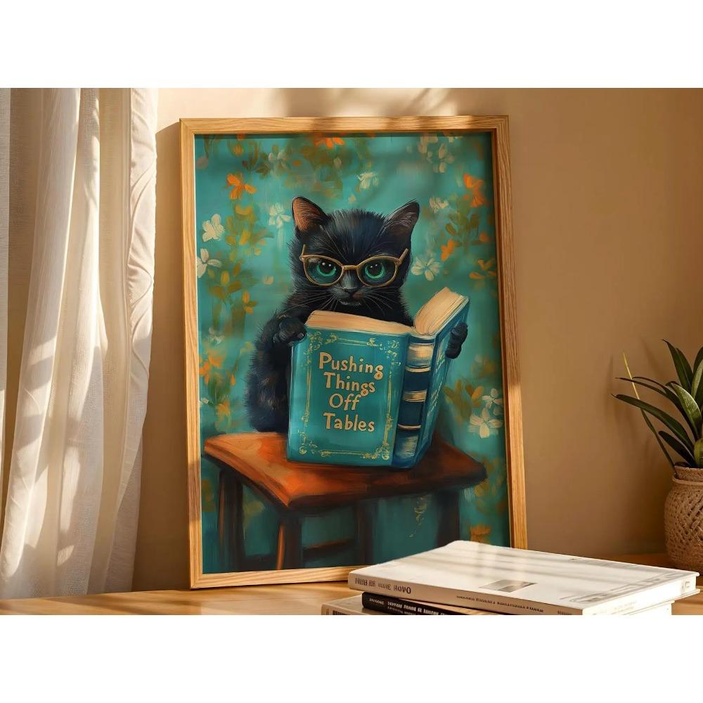 Animal Reading Book Wall Decor Poster, Funny Cat Print, Animal Reading Funny Book Art, Humorous Animal Art Home Decor Gift