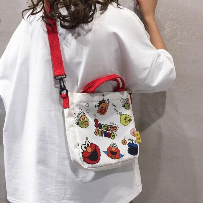 Sesame Street Crossbody Bag, Female Cartoon Harajuku Student Canvas Bag, Female Single Shoulder Large Capacity Handbag Bag