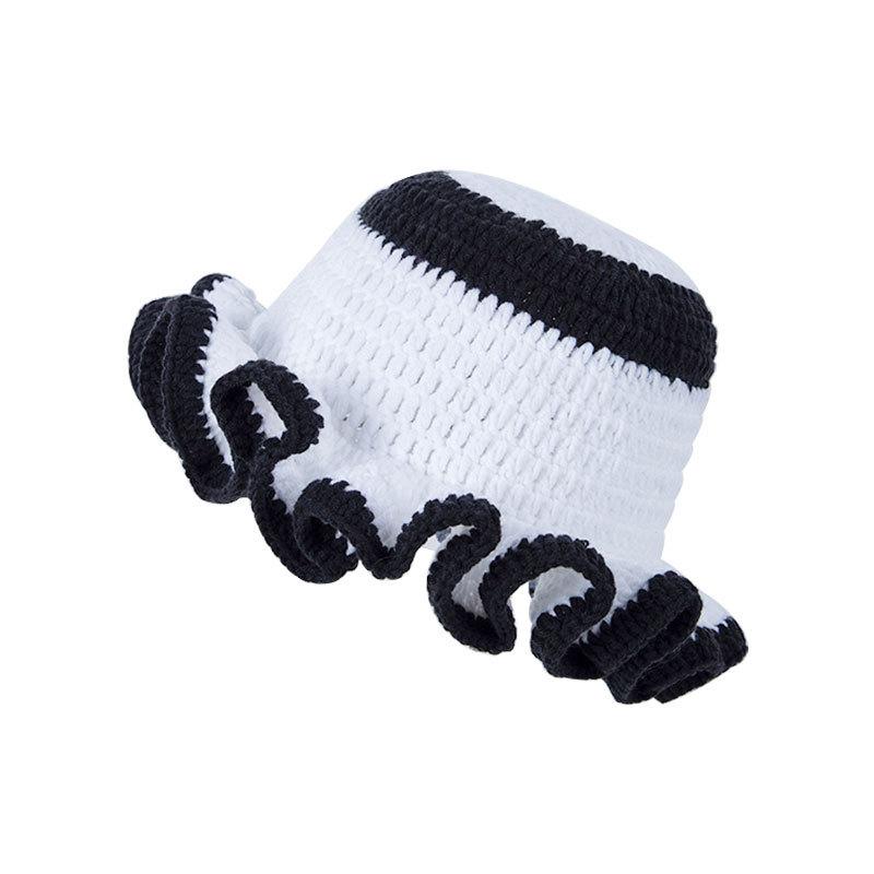 Spring, Autumn and Winter Crochet Pleated Bamboo Hat Adult Lace Wool Hat Ruffle Leaf Edge Pullover Fisherman Bucket Hat