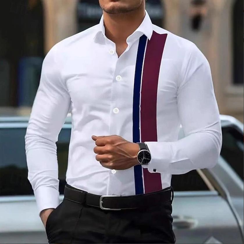 Men's Color Block Stretch Business Casual Long-Sleeved Shirt