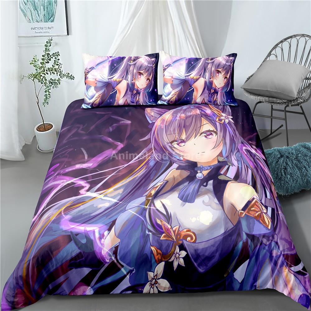 3d Print Anime Genshin Impact Keqing Bedding Set Cartoons Duvet Cover Set Comforter Bed Linen For Children Boy Decor Bedclothes