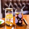 Pink Flowers/Purple Ghost Printed Glass Cup With Bamboo Lid&Straw Clear Heat-Resistant Juice Coffee Glass Can Halloween Gifts
