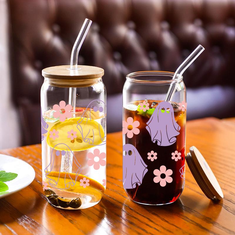 Rosa Blomster/Lilla Spøkelse Trykket Glasskopp Med Bambuslokk&Sugerør Klar Varmebestandig Juice Kaffe Glass Kan Halloween Gaver