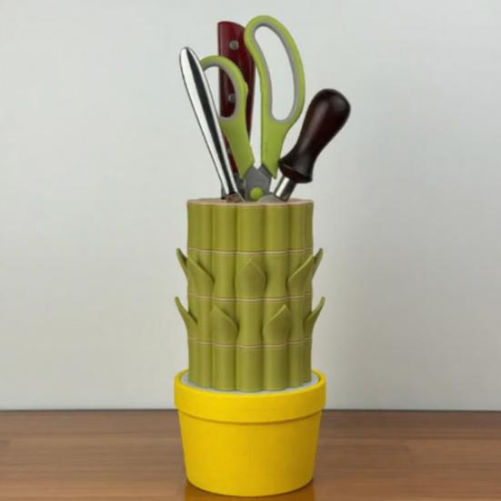 Cactus Knife Block Bamboo Storage Rack Compact Slim Profile Kitchen Knife Holder Cactus-Style Organizer Easy to Clean Weighted Base Kitchen Accessory