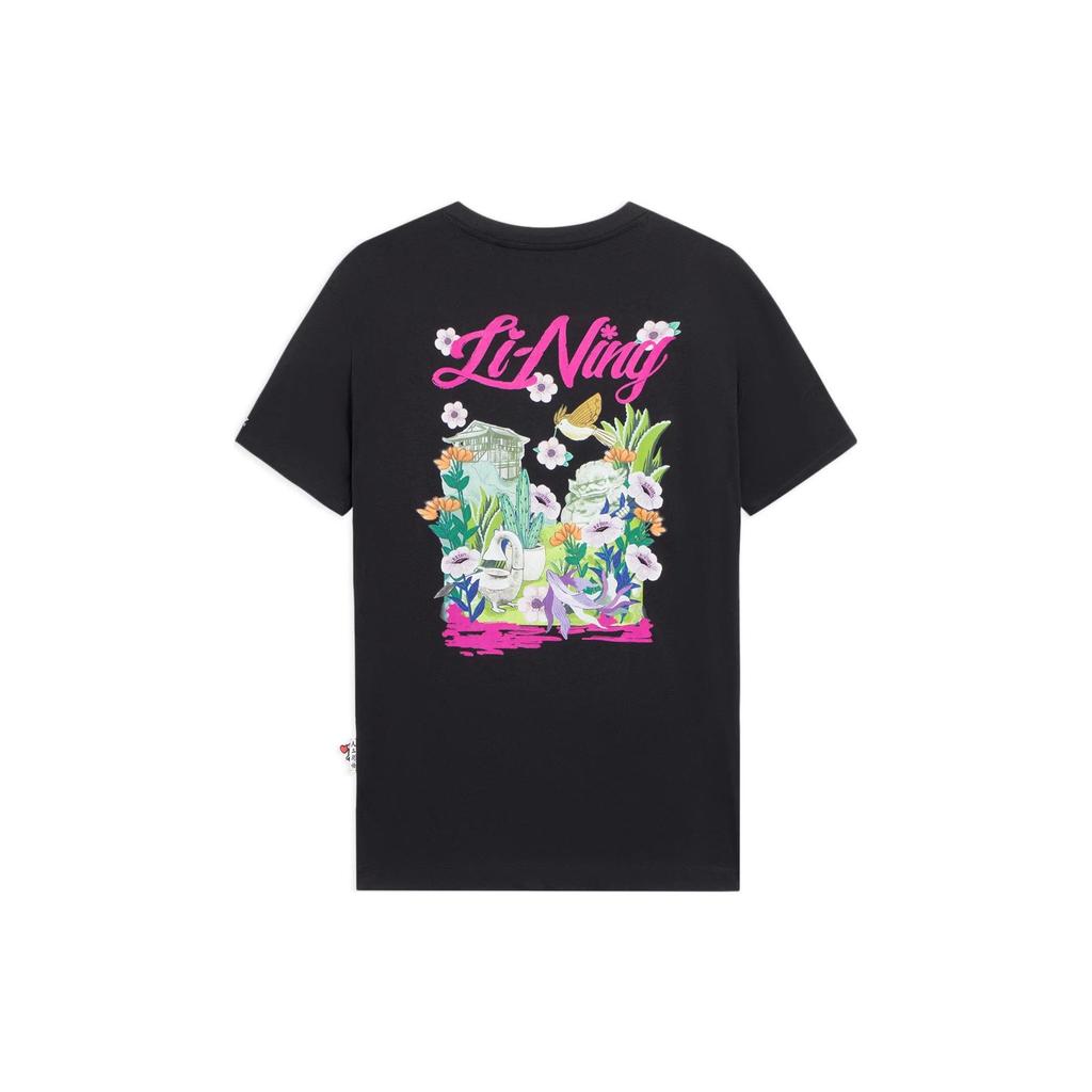 Li Ning Sports Trend Series Enlightenment Floral Pattern Printed Round Neck Short Sleeve T-Shirt Women Tops Black AHSS314-2