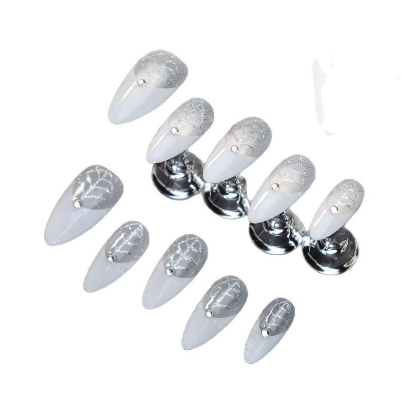 Handmade Press-On Nails White French Almond Shape With Rhinestones Line Design Women Halloween Party