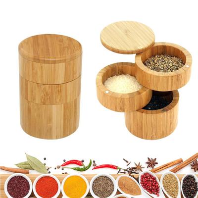 Bamboo Seasoning Storage Box with Magnetic Swivel Lid Wooden Salt Cellar