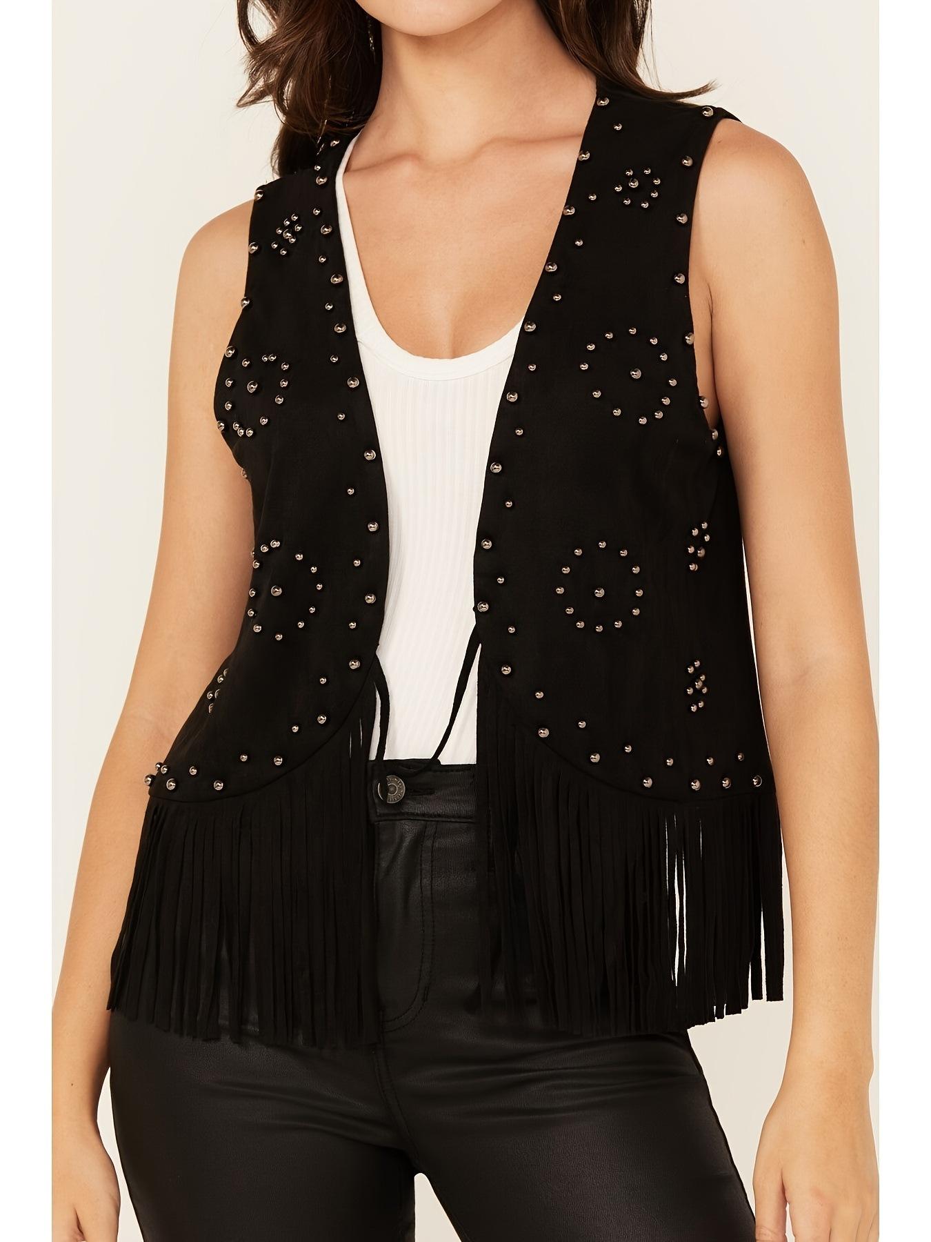 Women s Sleeveless Black Vest with Polka Dot Pattern and Fringed Hem S чёрный