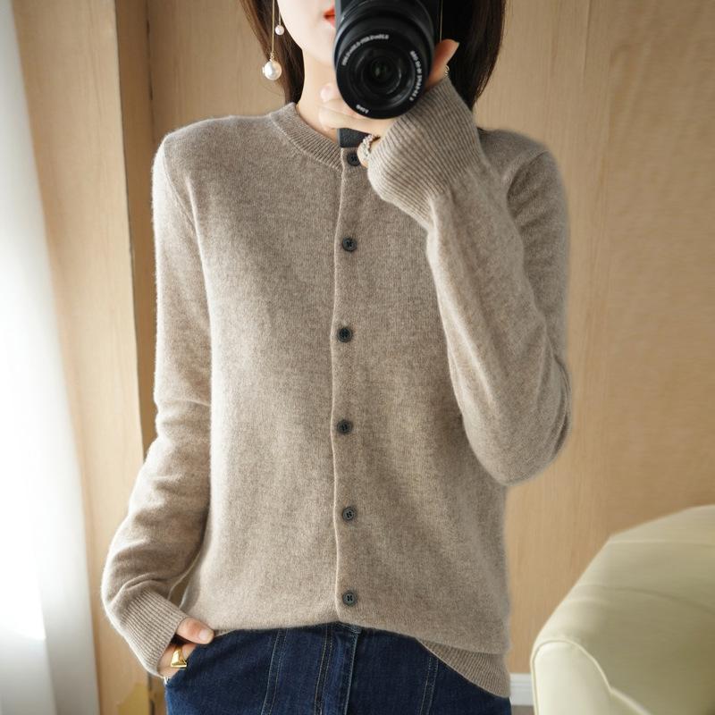 Damen Cardigan mit langen Ärmeln Rundhalsausschnitt Eleganter Strick Cardigan Pullover Einfarbige Einreiher Frühling Herbst Oberbekleidung