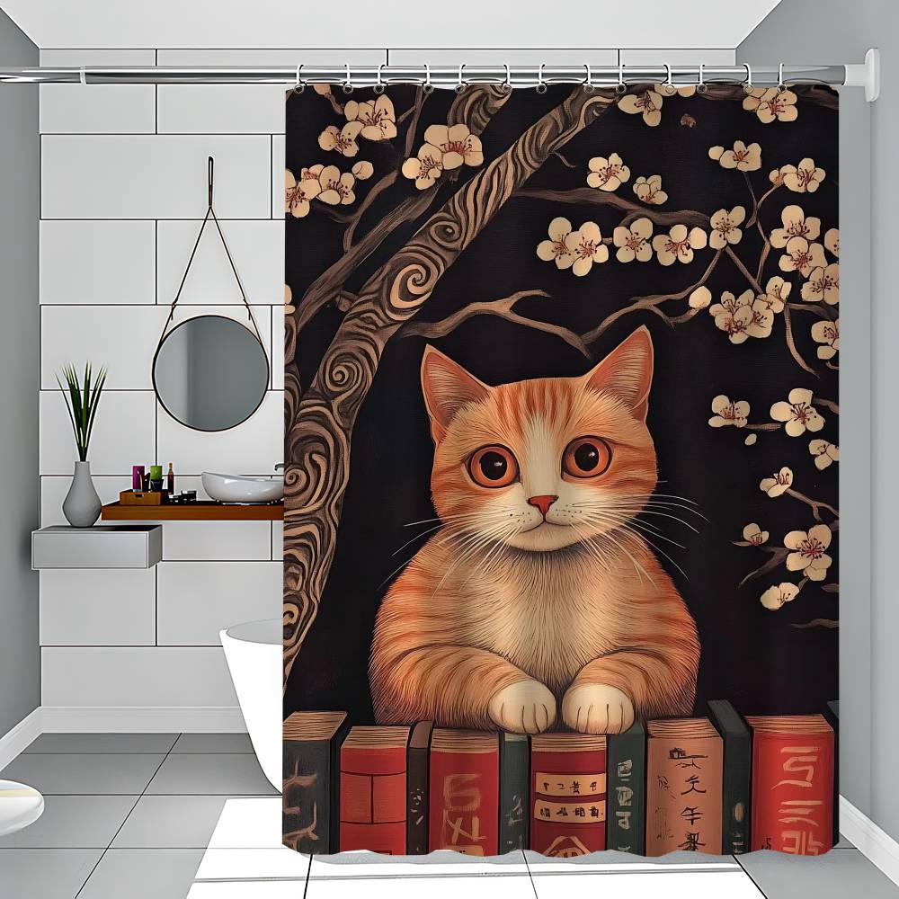 Japanese Black Cat Bathing Moon Lucky Cat Funny And Creative Beach Shower Curtain Waterproof Polyester Bath Curtains Bathroom