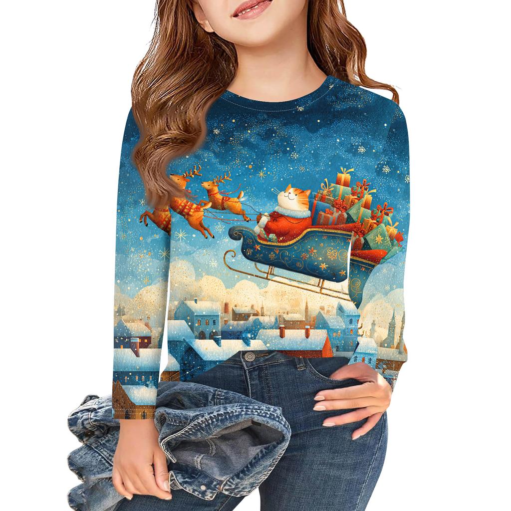 Christmas Day Girls Long Sleeve T Shirts Kids Fall Tops Crewneck Printed Basic Tees