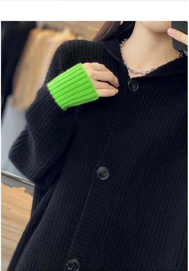 Women's Color Block Wool Trench Coat - Thick Hooded Loose Fit Cardigan