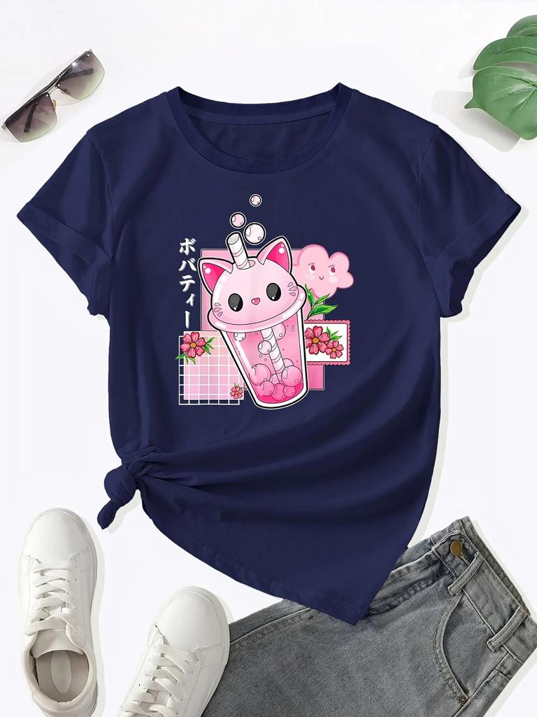 Boba Tea Cat Bubble Print T-Shirt, Kawaii Crew Neck Short Sleeve T-Shirt For Spring & Summer, WoUnisex Clothing Unisex