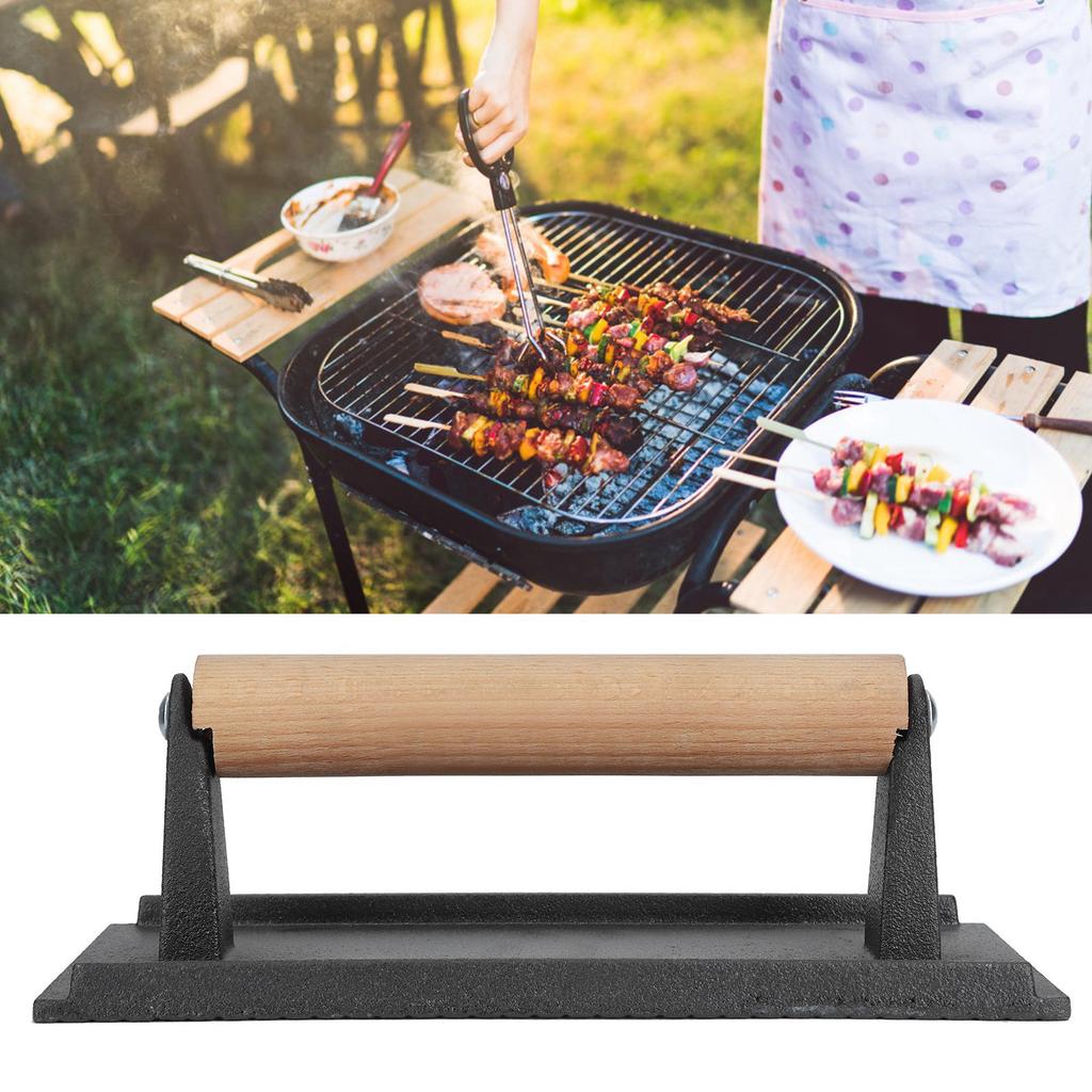 Cast Iron Grill Press Steak Bacon Weight Press Barbecue Griddle Press with Wood Handle