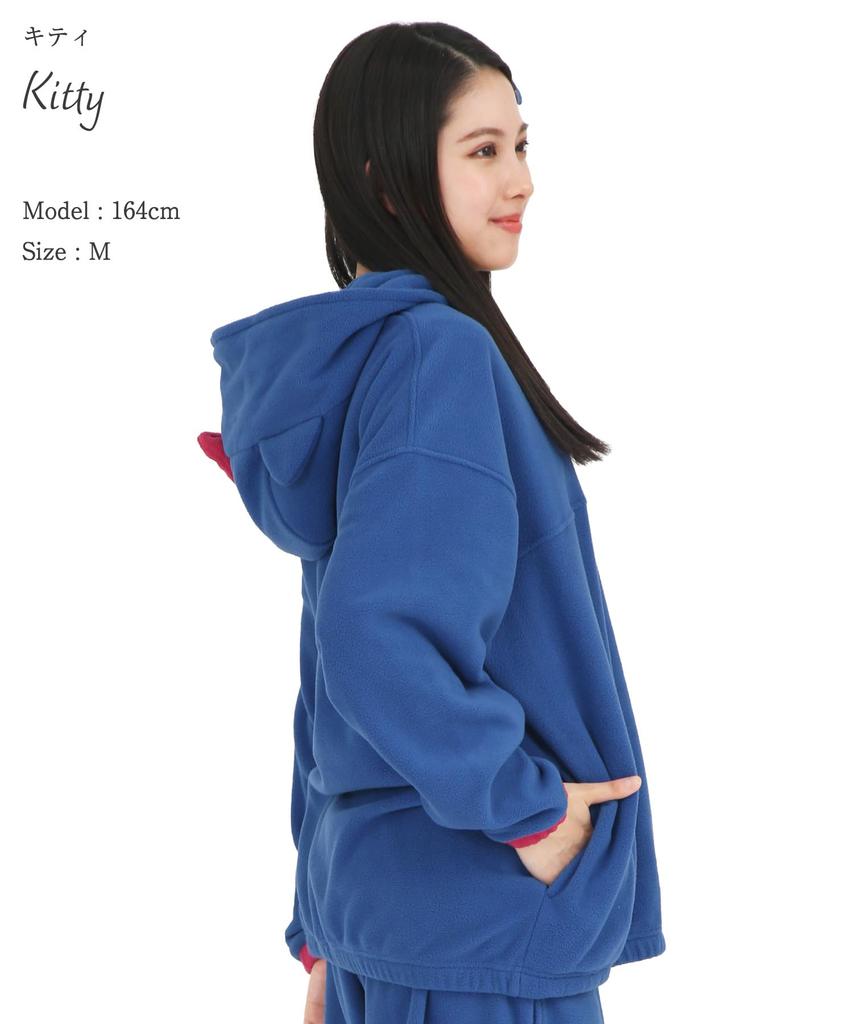 SAZAC Hello Kitty Fleece Long Warm Top Half-Zip Hoodie, Women's, Sleeve, (Navy/L/SAN1858)