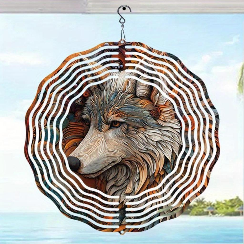 Open - 3D Mandala Wind Chime Beautiful Wolf King Pattern Dynamic Rotating Art Outdoor Decor