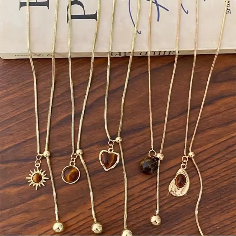 Fashion Brown Stone Sun Geometry Pendant Long Snake Chain Necklace Jewelry For Women New Vintage Charm Jewelry Gifts