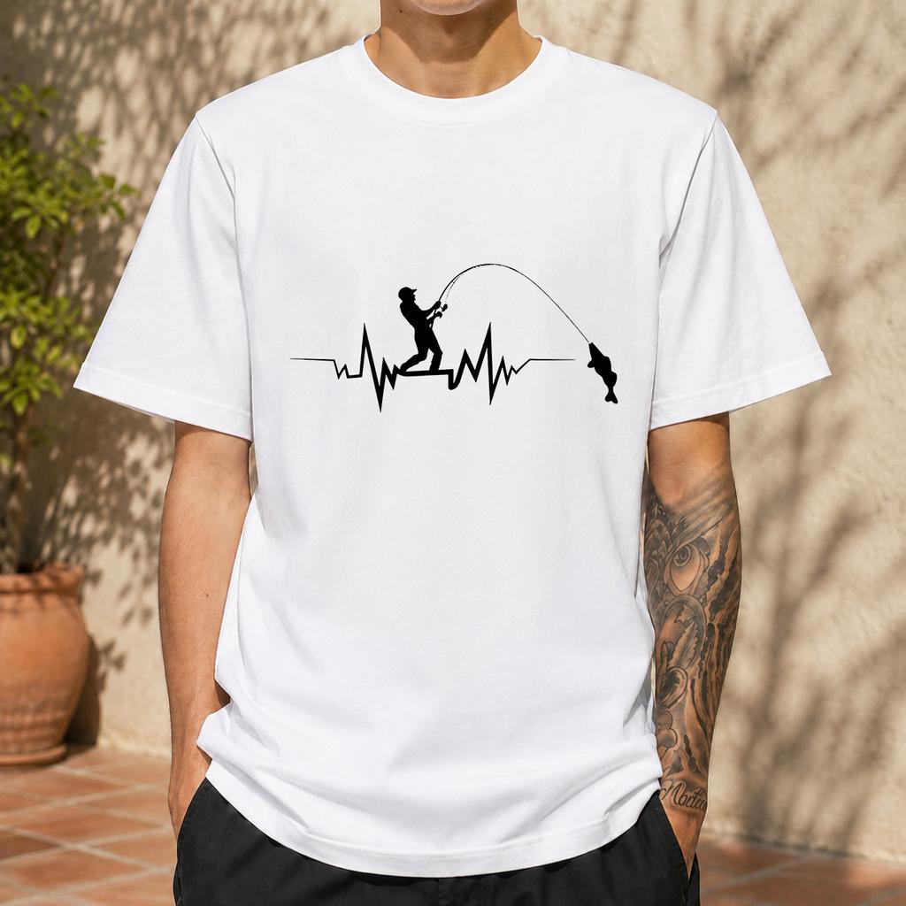 2026 New Cotton Tshirt With Heartbeat Ecg Fisherunisex Print Casual Crew Neck Short Sleeve For Fishing Enthusiasts