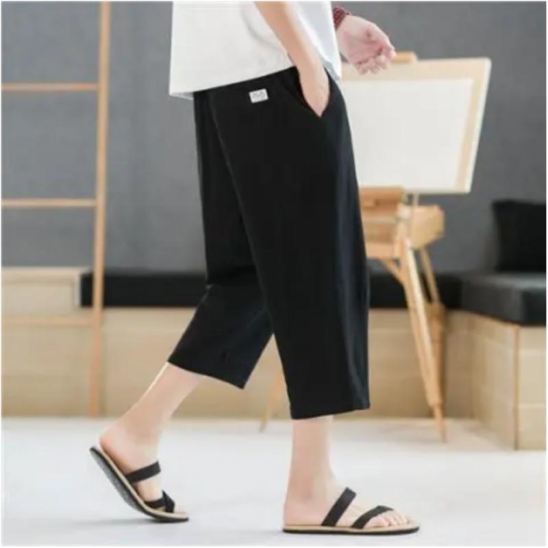 

Men s Summer Thin Cotton Linen Seven-minute Trousers Middle-aged and Elderly Comfortable Casual Loose Trousers 5XL чорний