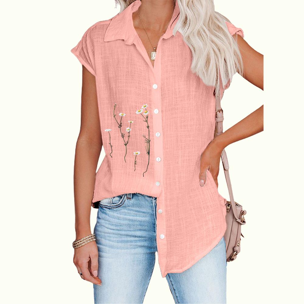 Women Fashion Sleeveless Thin Blouse Casual Floral Print Top Ladies Button-down Shirt